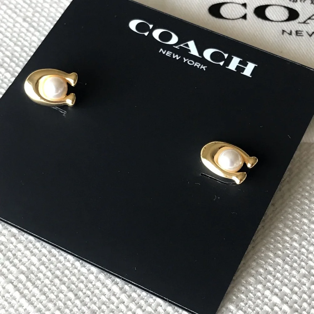 Coach Faux Pearl Gold C Stud Earrings, NWT - Picture 6 of 14